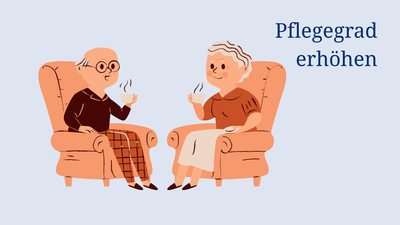 Ein älteres Paar sitzt in Sesseln und trinkt Tee. Text: Pflegegrad erhöhen.