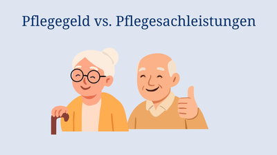 Zwei glückliche Senioren, Text: Pflegegeld vs. Pflegesachleistungen.