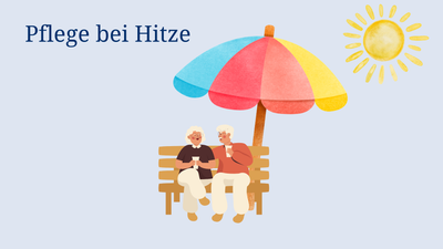 Seniorenpaar sitzt unter Sonnenschirm und schützt sich vor der Sonne. Text: Pflege bei Hitze