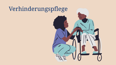 Eine Frau kniet neben einer Seniorin im Rollstuhl, Text: Verhinderungspflege