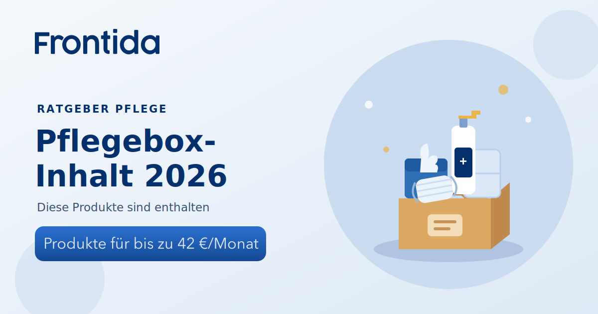 Geöffnete Pflegebox mit Inhalt 2026: Einmalhandschuhe, Desinfektionsmittel, Bettschutzeinlage und Maske – kostenlose Pflegehilfsmittel von Frontida